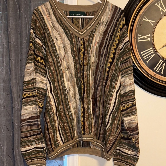 Tundra Women's V-Neck Sweater in Green, Brown, and Cream - Picture 1 of 3